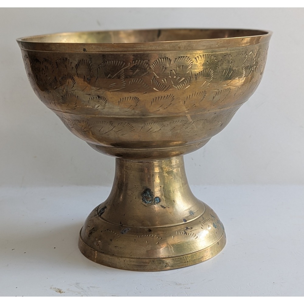 Vintage Hand Etched Brass Pedestal Bowl 6.75" Decorative Offering Chalice Gold